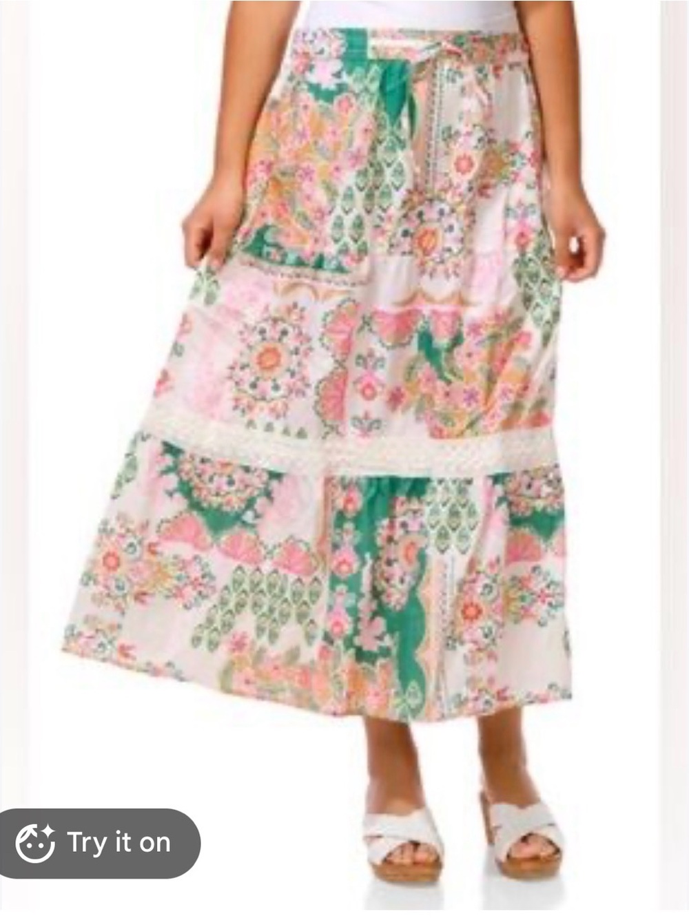 Cupio Green and Pink Patchwork Floral Maxi Skirt